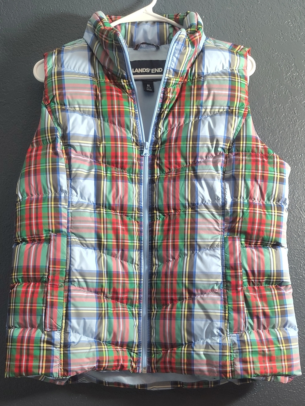 Lands' End Holiday Plaid Quilted Puffer Vest in Red, Green & Light Blue size M